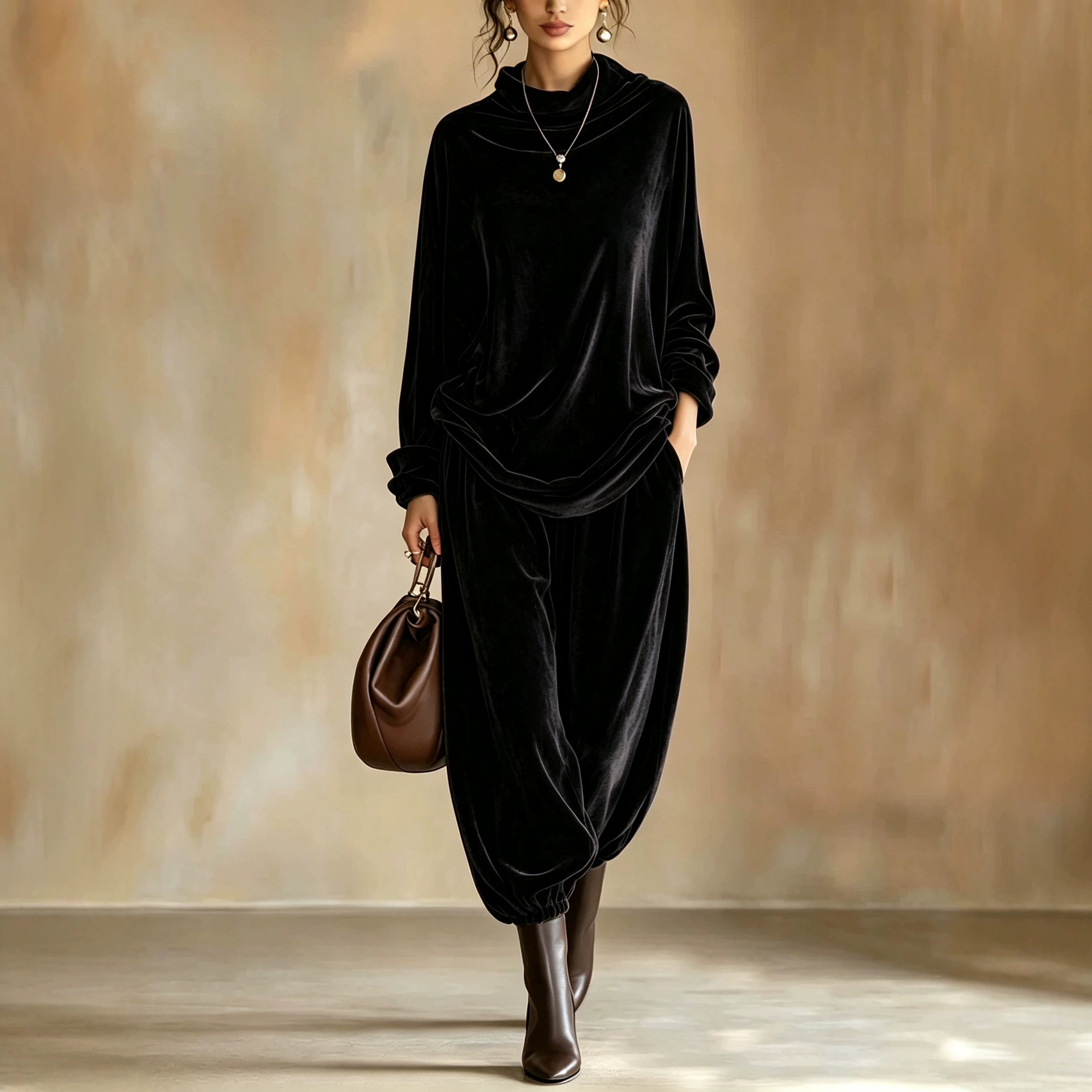 Women's Velvet Two-Piece Set with Cowl Neck Top and Harem Pants