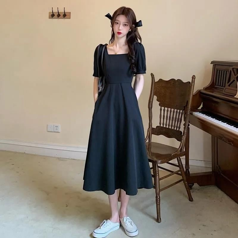 Women's Square Neck A-Line Midi Dress with Short Sleeves and Cinched Waist