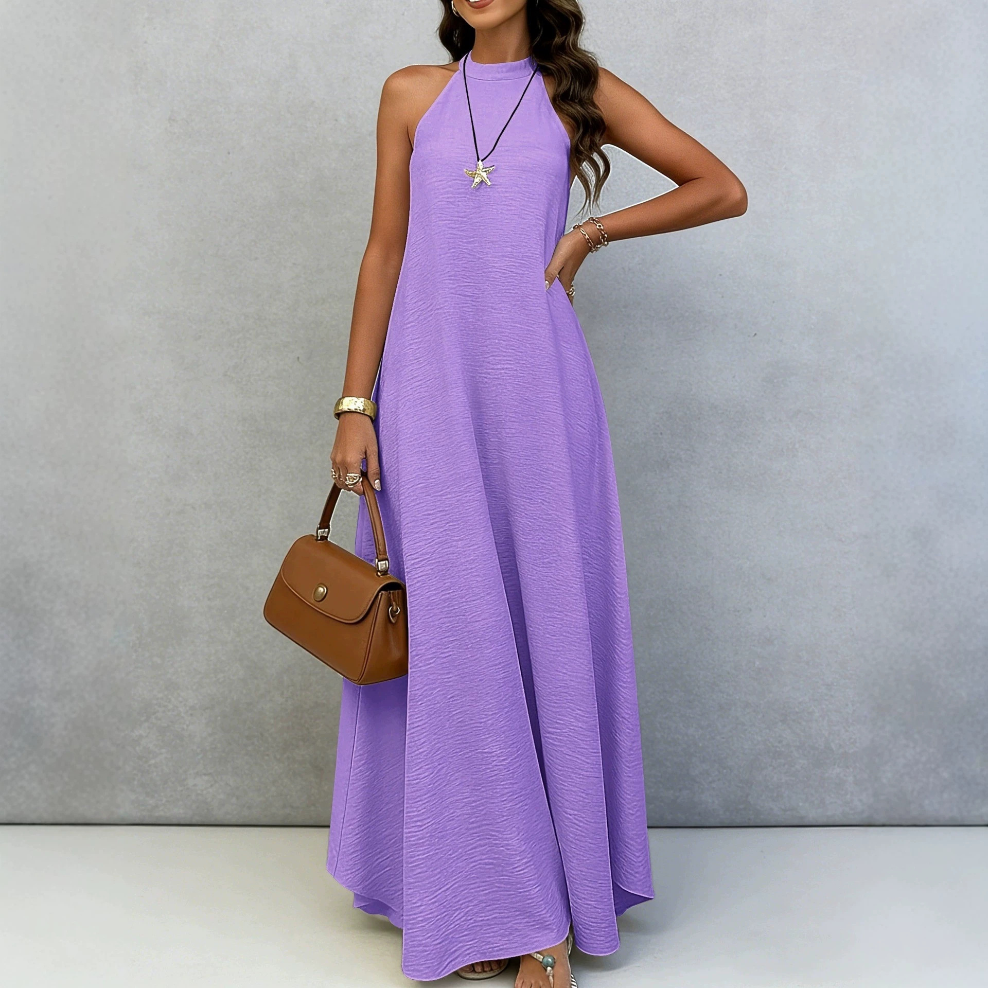 Sleeveless A-Line Midi Dress Solid Color High Waist Casual Elegant