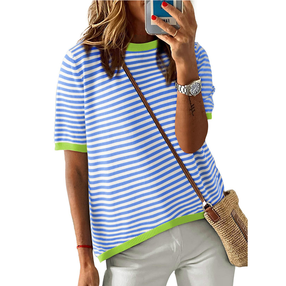 Women's Striped Color-Block Crewneck Short-Sleeve Casual Sweater