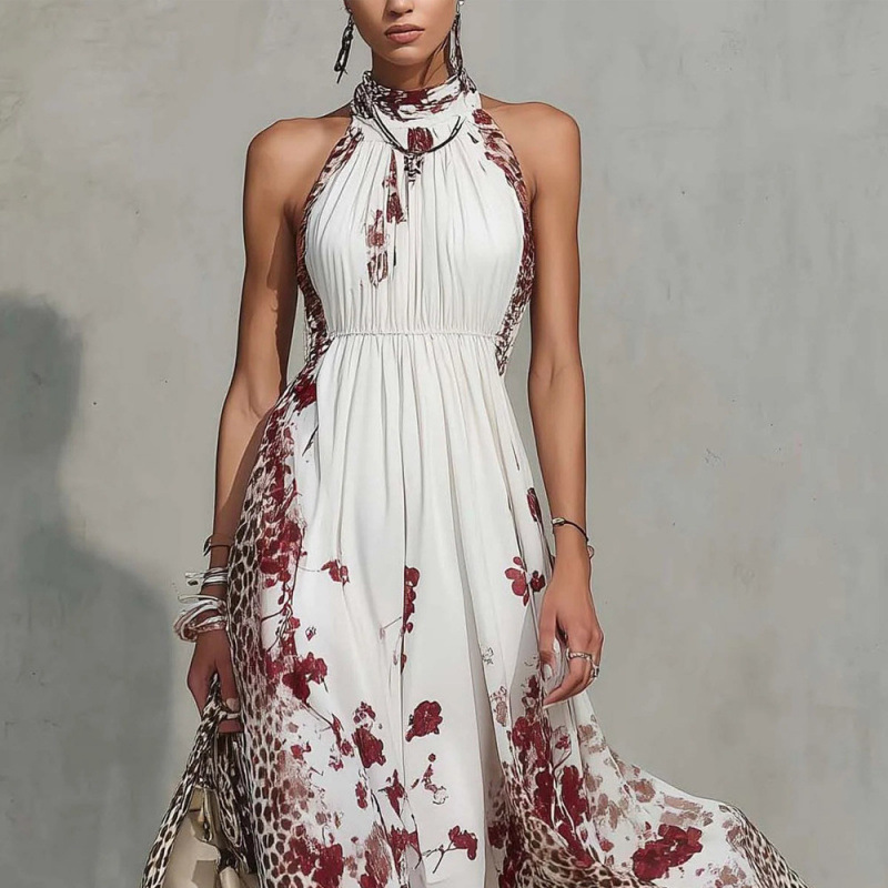 Leopard Print Halter Maxi Dress with Waist-Cinching Fit