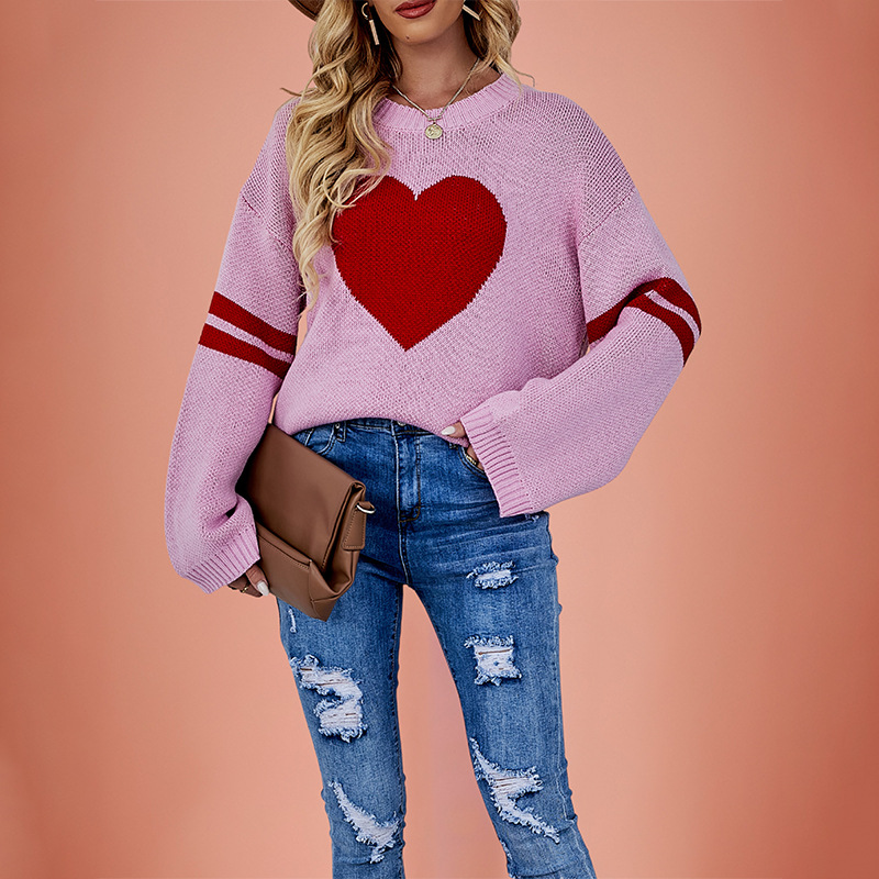Color-Block Heart Crewneck Knit Sweater