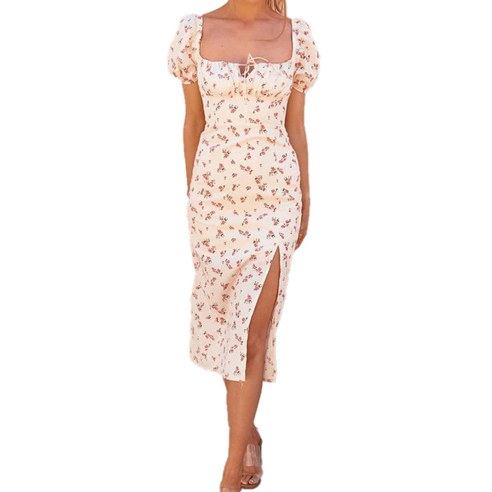Women's French Square Neck Puff Sleeve Floral Bodycon Slit Dress