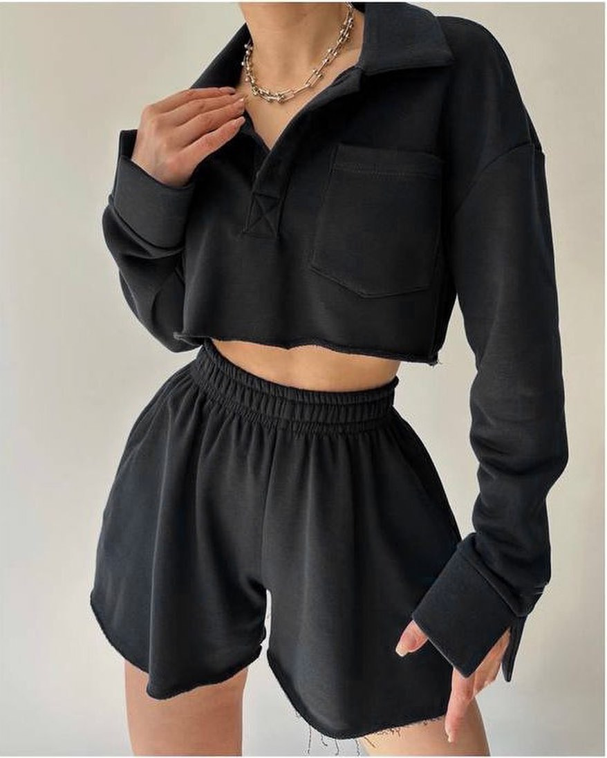 Solid Color Long Sleeve Open-Front Top and Drawstring Shorts Set