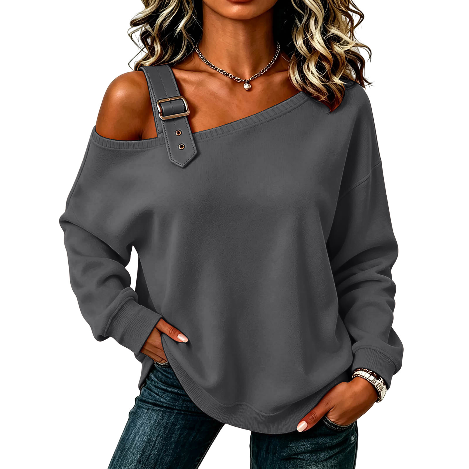 Solid Color Long Sleeve Off-Shoulder Button Hoodie