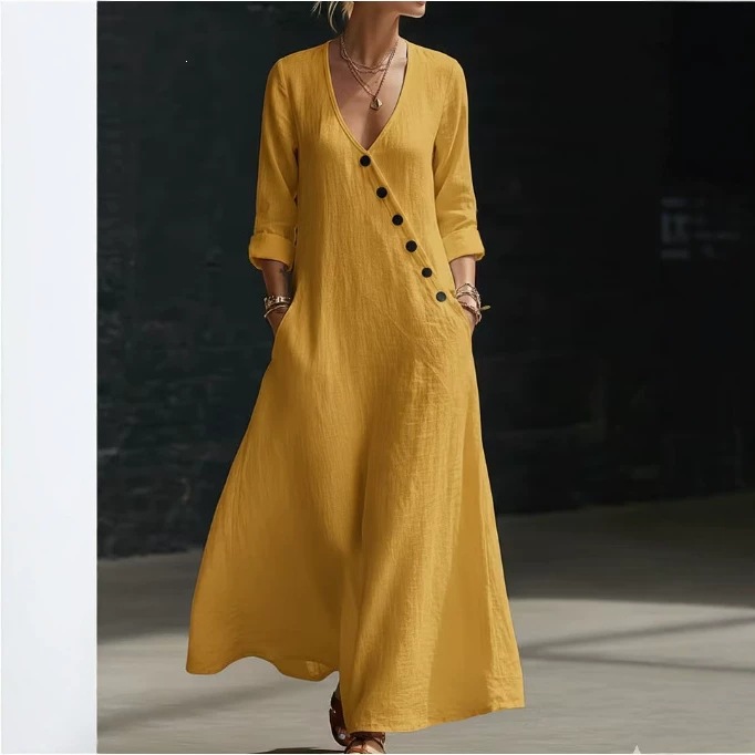 Women's V-Neck Button-Front A-Line Maxi Dress