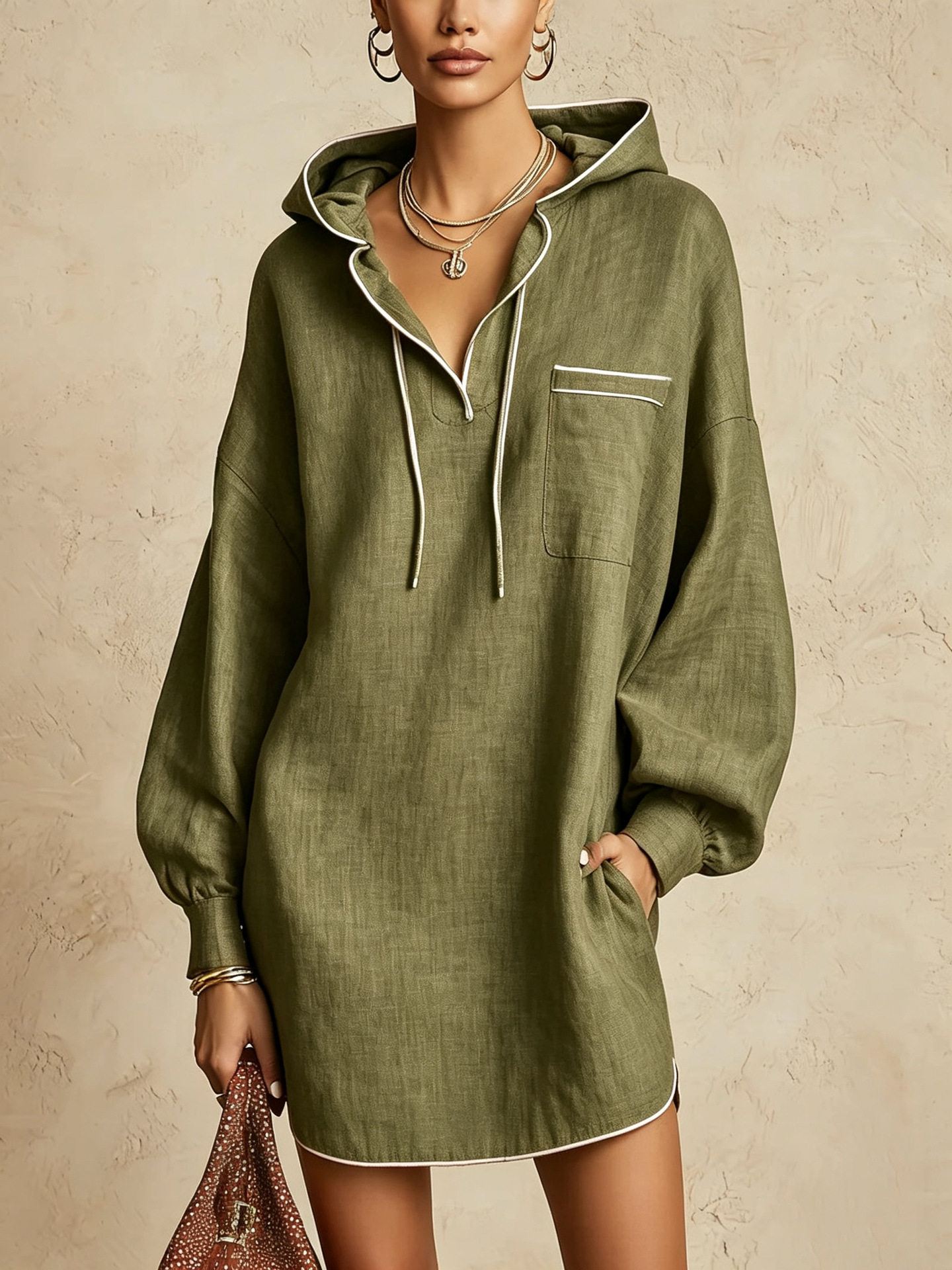 Women's Drawstring Long Sleeve Midi Hooded Sweatshirt Dress Textured Cotton Linen Casual