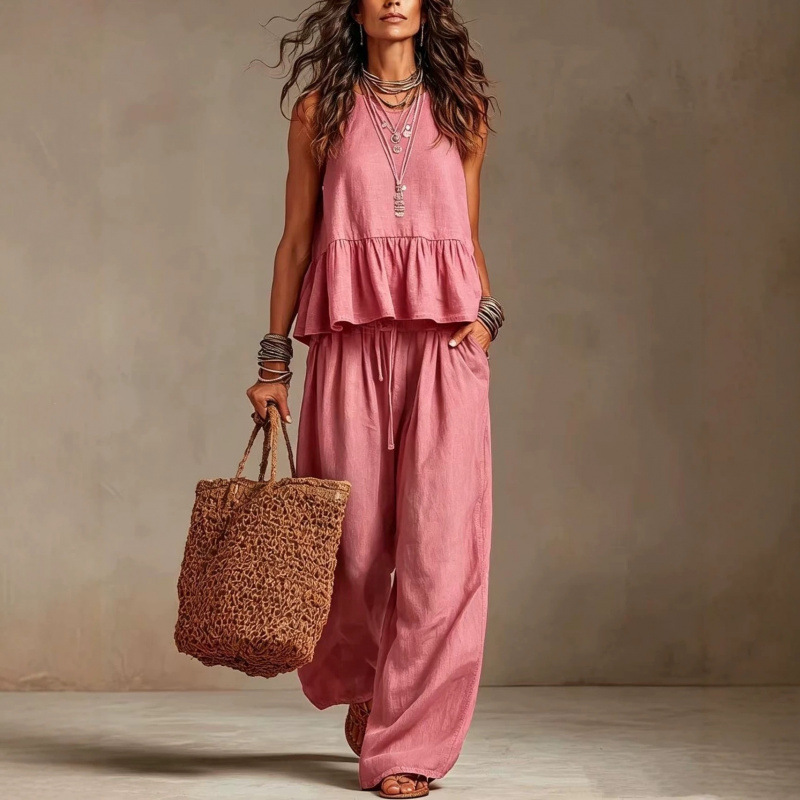Women's Cotton-Linen Ruffle Sleeveless Wide-Leg Pants Set