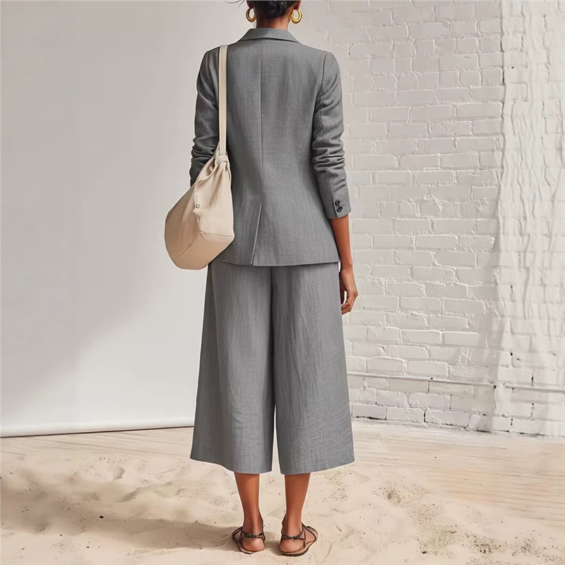 Elegant Linen-Blend Blazer & Wide-Leg Pants Set