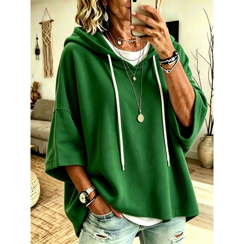 Women's Solid Color Hooded Pullover Sweatshirt with Three-Quarter Sleeves