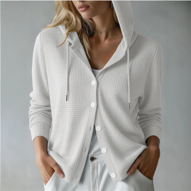 Waffle Knit Hooded Button-Front Cardigan
