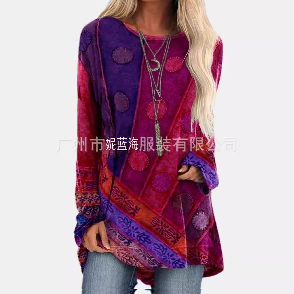 Women's Round Neck Long Sleeve Vintage Print Dress