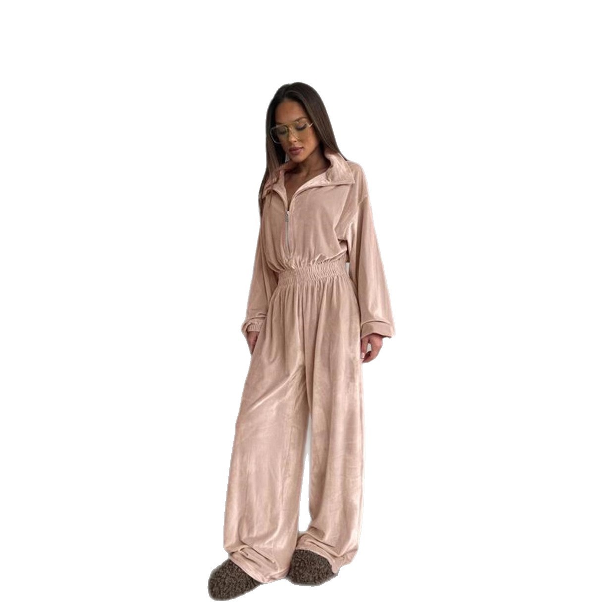 Women's Long Sleeve Jumpsuit with Half Placket and Elastic Waist