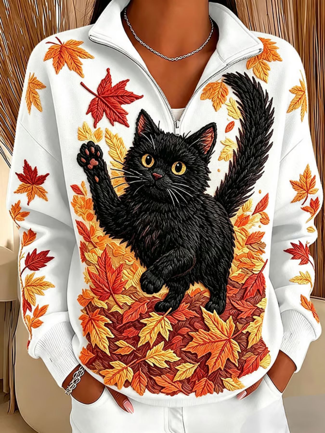 Cat & Maple Leaf Print Half-Zip Hoodie for Women