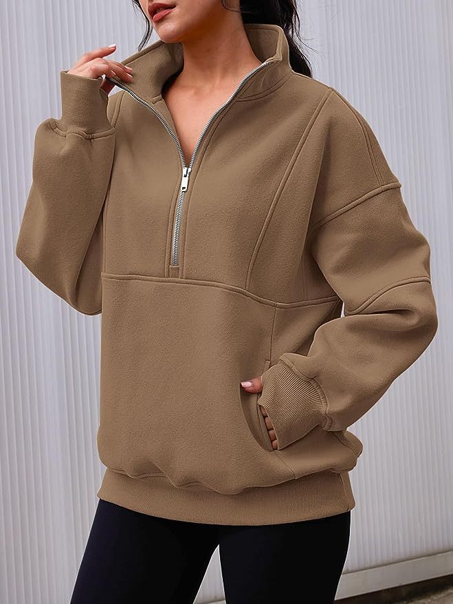 Women's Fleece-Lined Half-Zip Pullover Hoodie with Pockets and Stand Collar
