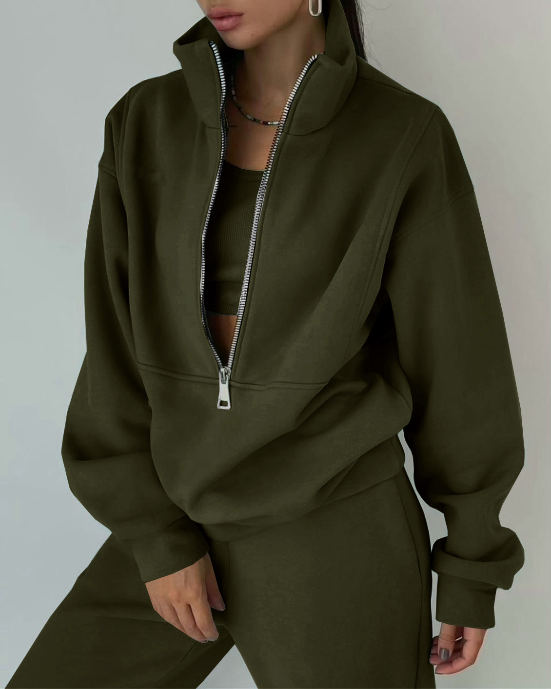 Women's Fleece Zip-Up Tracksuit Set Casual Athleisure