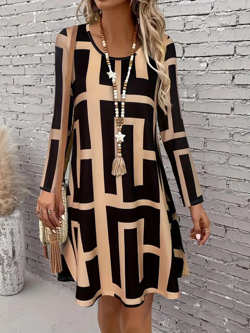 Plus Size Geometric Print A-Line Midi Dress Long Sleeve Crew Neck