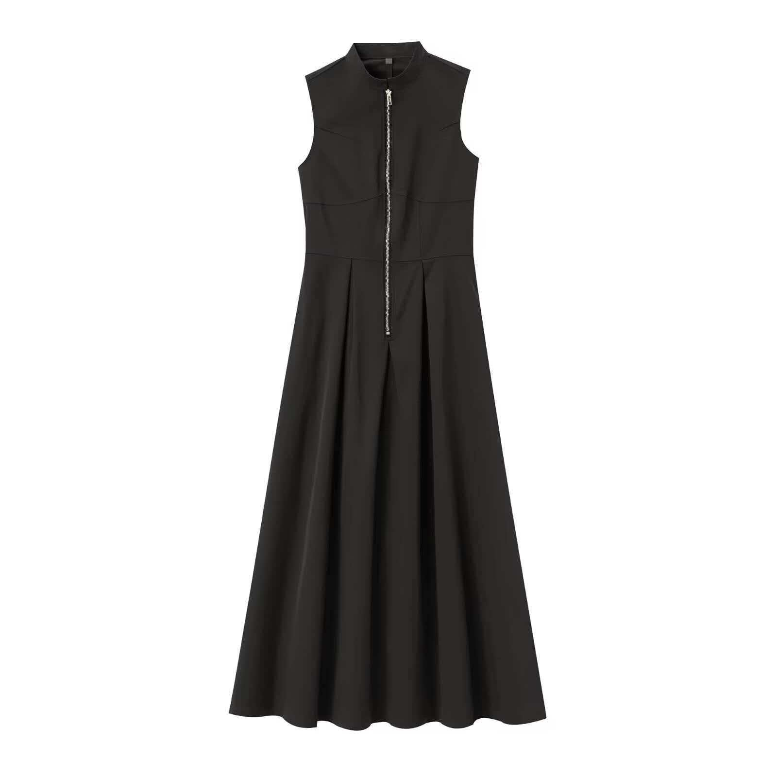 Women's Sleeveless Front Zip Midi Dress Solid Slim Fit