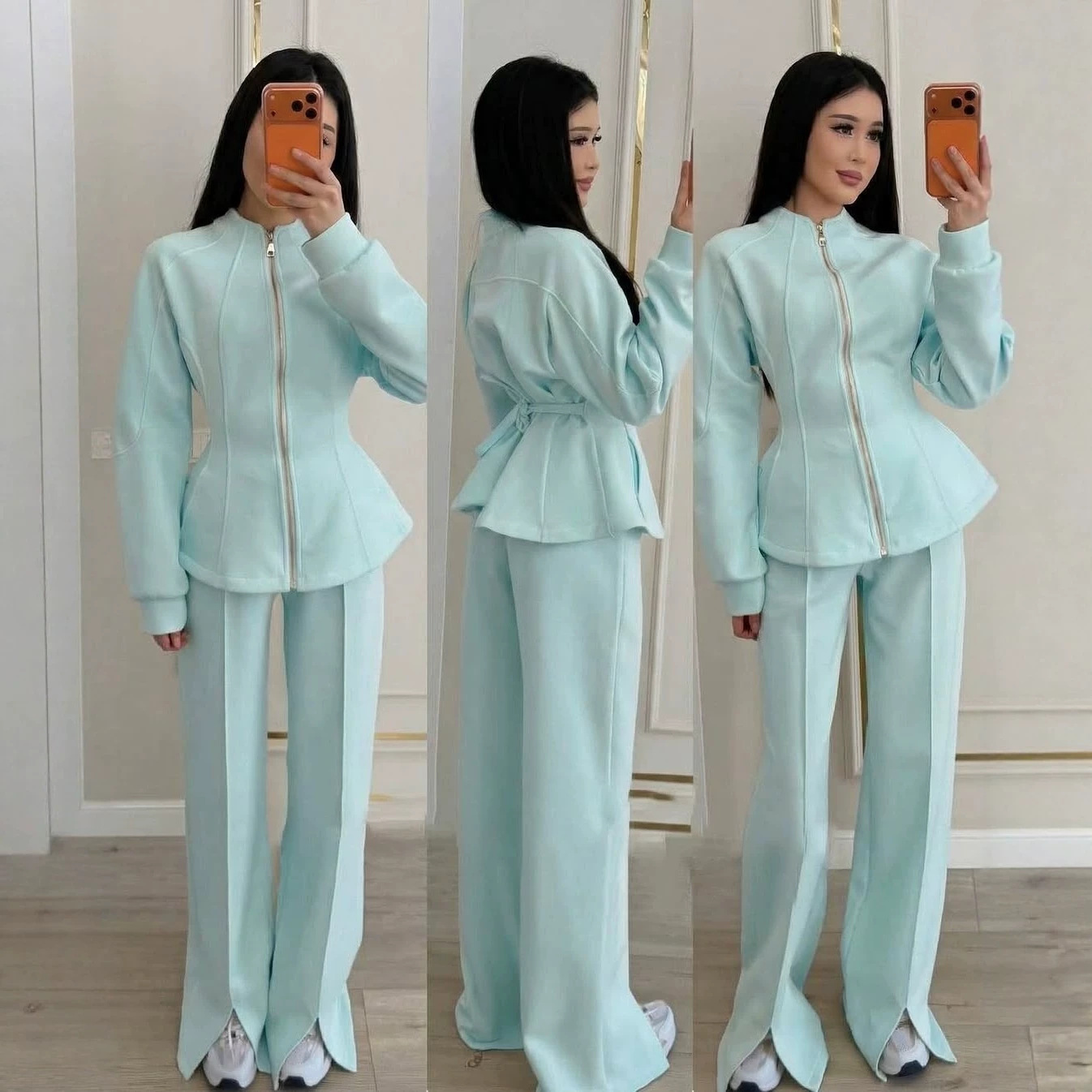 Women's Two-Piece Long Sleeve Jacket and Pants Set, Solid Color, Polyester