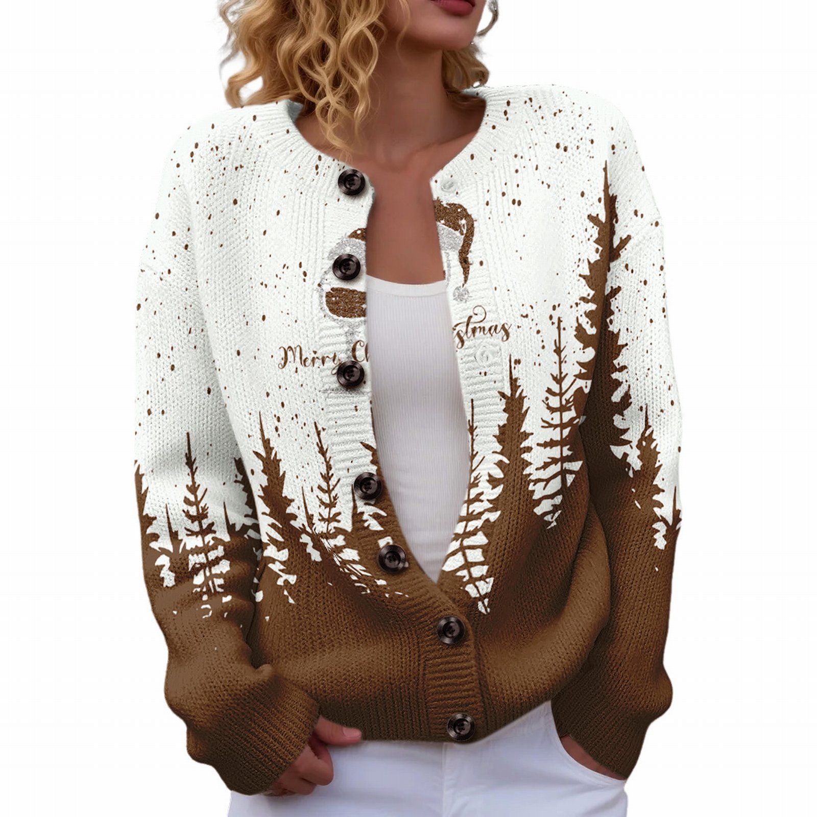 Women's Christmas Reindeer Forest Print Button Cardigan Sweater