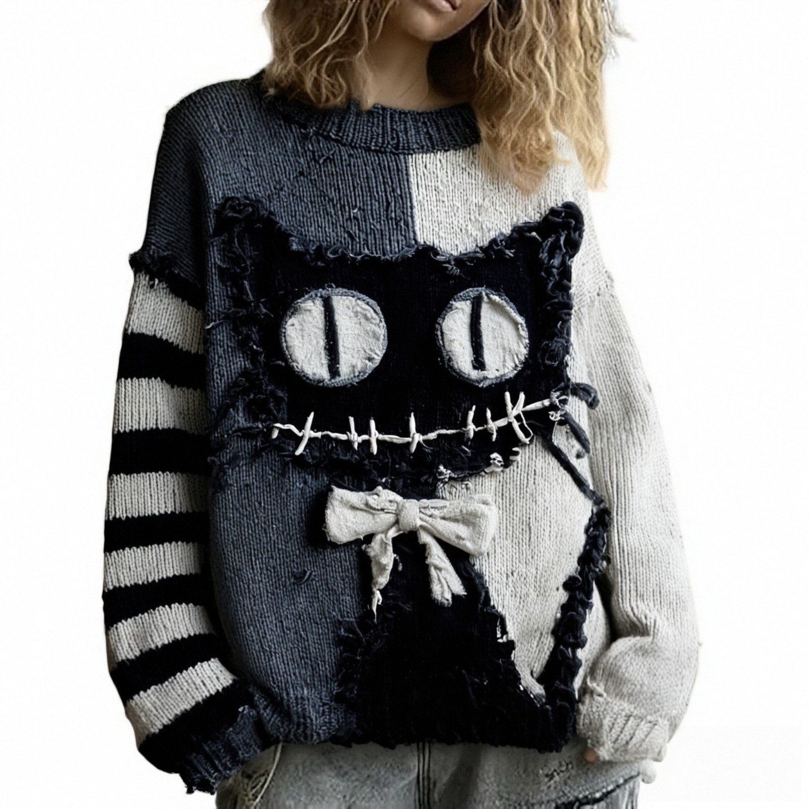 Women's Evil Smiley Cat Print Crewneck Sweatshirt