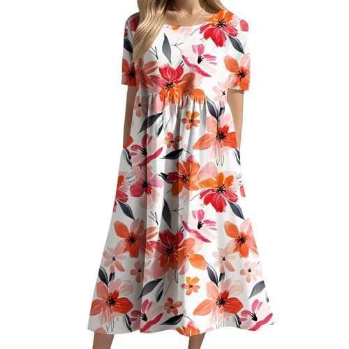 Women's Floral Print Ruched Midi Dress Short Sleeve Crew Neck