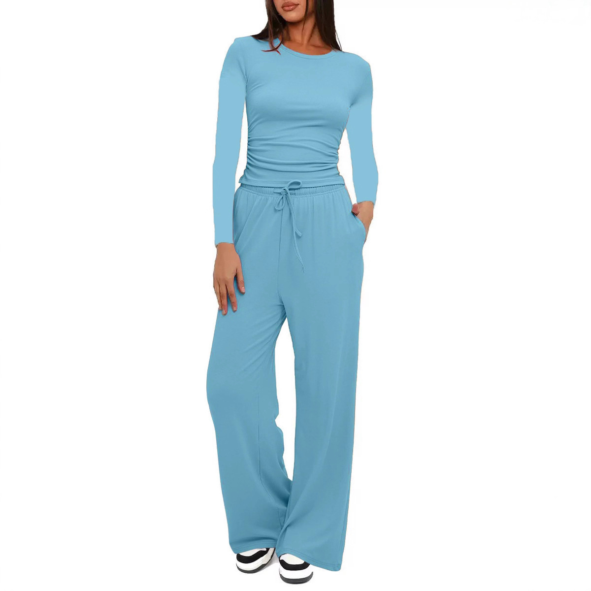 Solid Color Long Sleeve Top & High-Waist Wide-Leg Pants Set