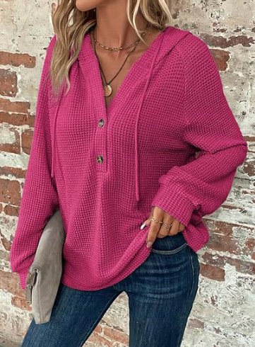 Women's Solid Color Long Sleeve V-Neck Hooded Button Sweatshirt
