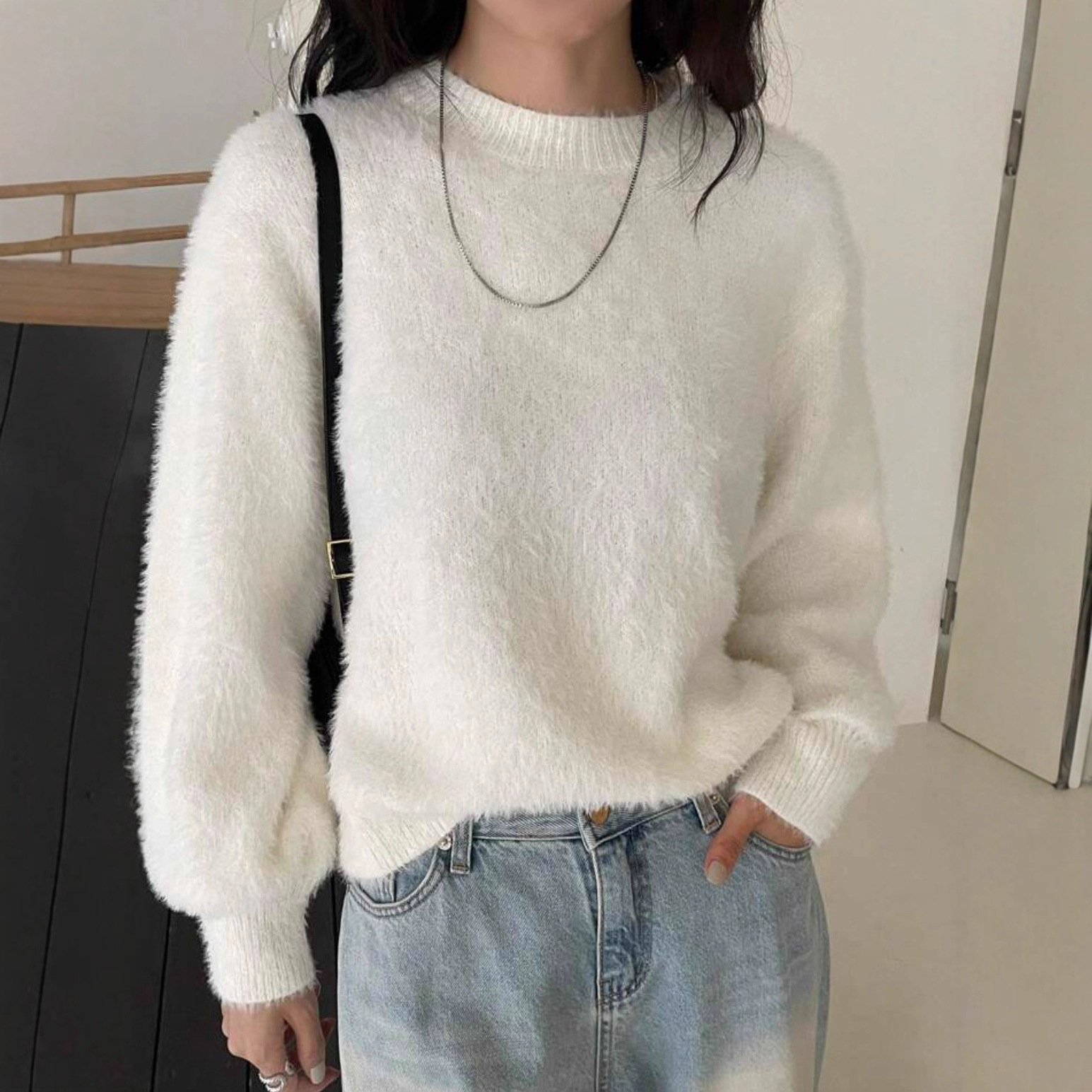 Faux Mink Fleece Crewneck Sweater Women's Fuzzy Long Sleeve Pullover Knit Top