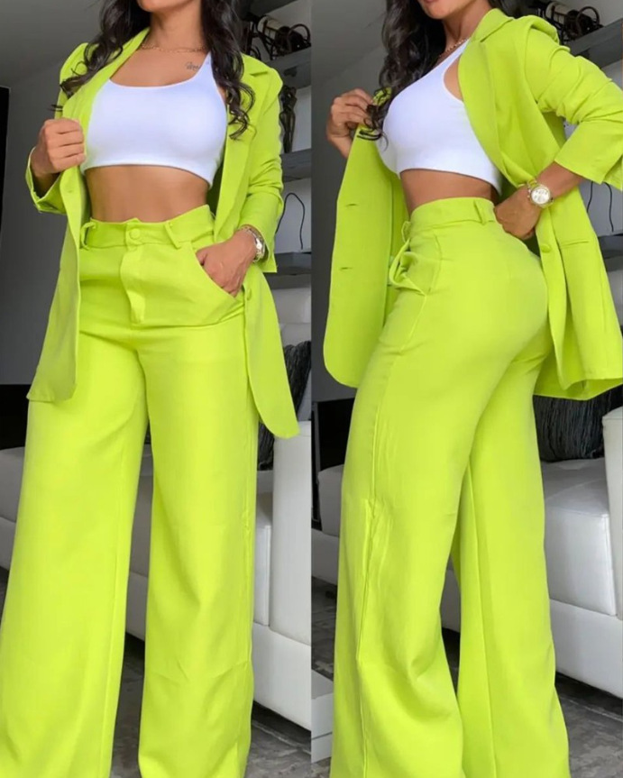 Women's Elegant Solid Color Split-Sleeve Lapel Blazer and Straight Pants Set