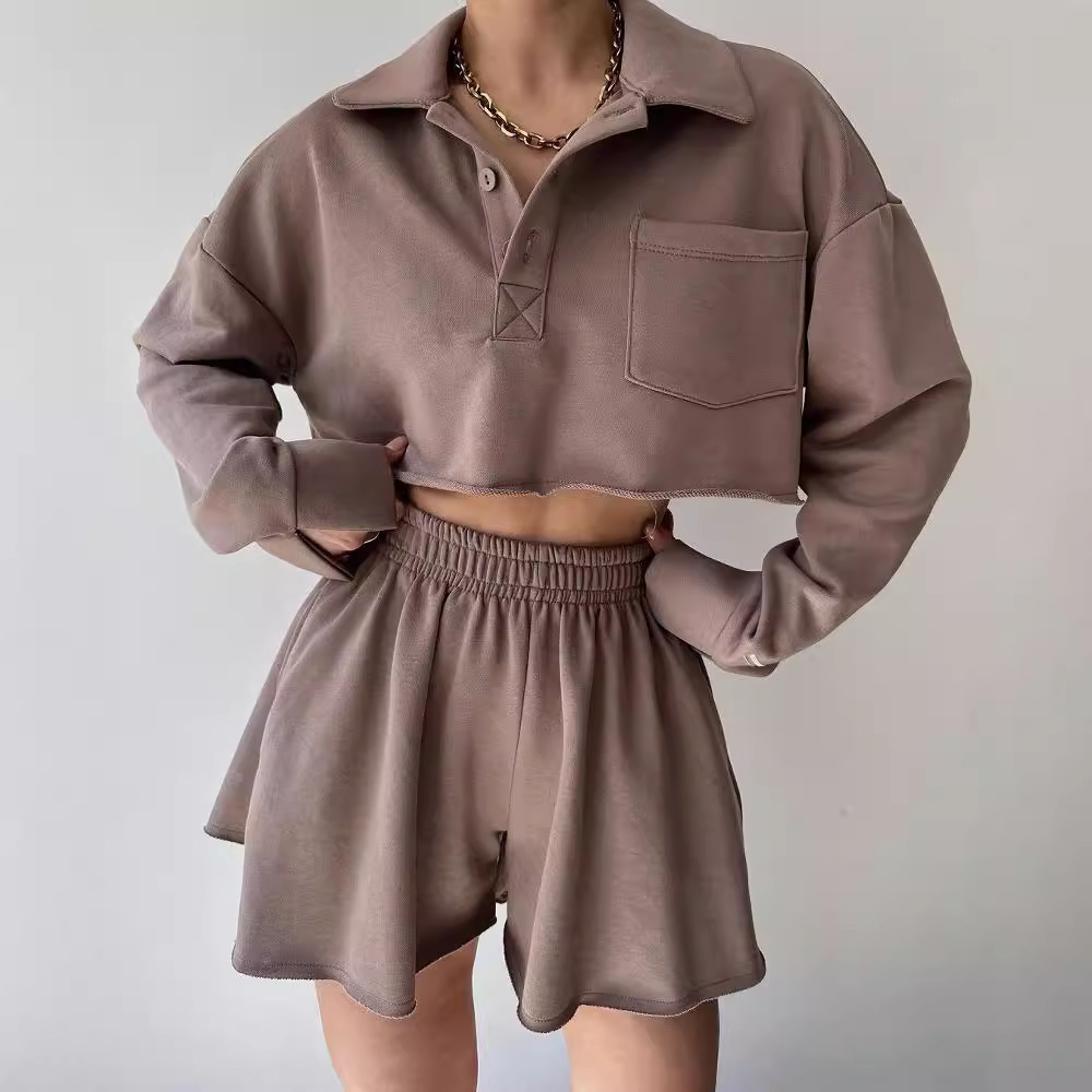 Solid Color Long Sleeve Open-Front Top and Drawstring Shorts Set