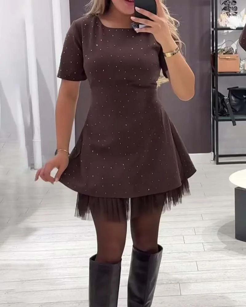 Rhinestone Hem Mesh Ruched Solid Color Commuter Dress