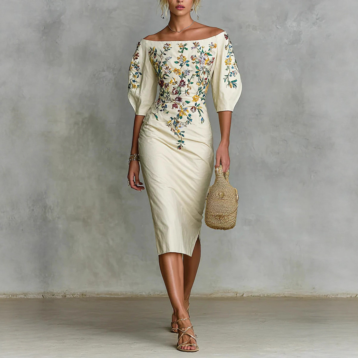Women's Off-Shoulder Half-Sleeve Bodycon Midi Dress