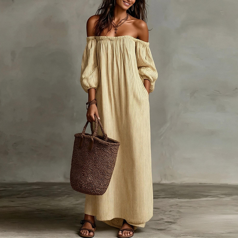 Elegant Striped Long Dress Casual A-Line