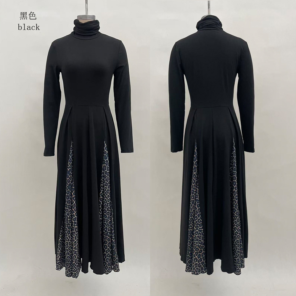 Black Leopard Print Panel Long Sleeve Dress