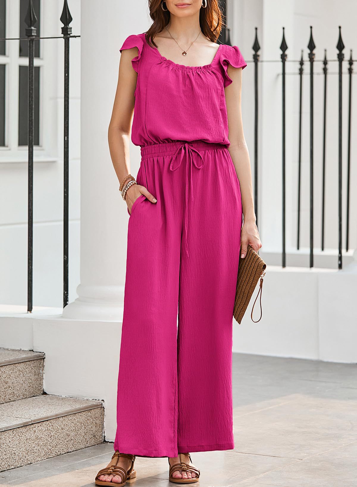 Women's Square Neck Sleeveless Ruched Jumpsuit with Pockets and Ruffle Sleeves