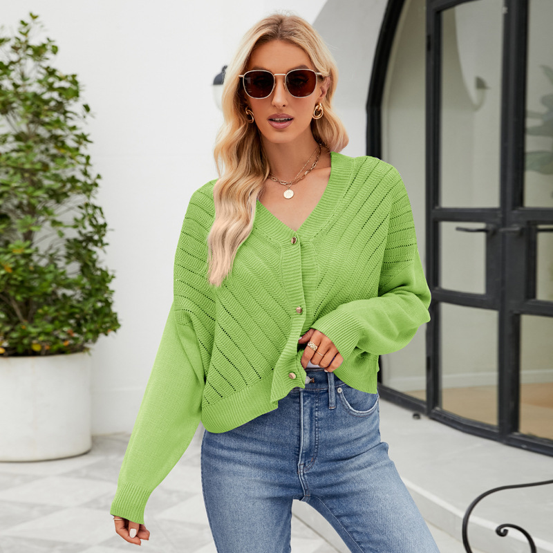 V-Neck Open-Knit Cardigan Loose Long-Sleeve Solid Color Women's