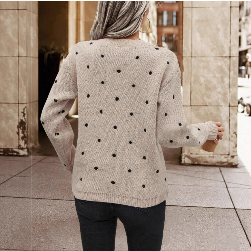 Polka Dot Jacquard Knit Pullover Sweater with Round Neck and Long Sleeves