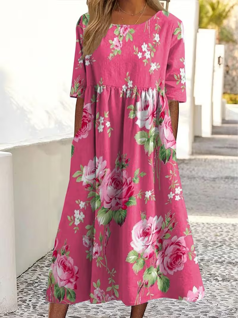 Women's Floral Print Ruched Midi Dress Casual Vacation Pullover
