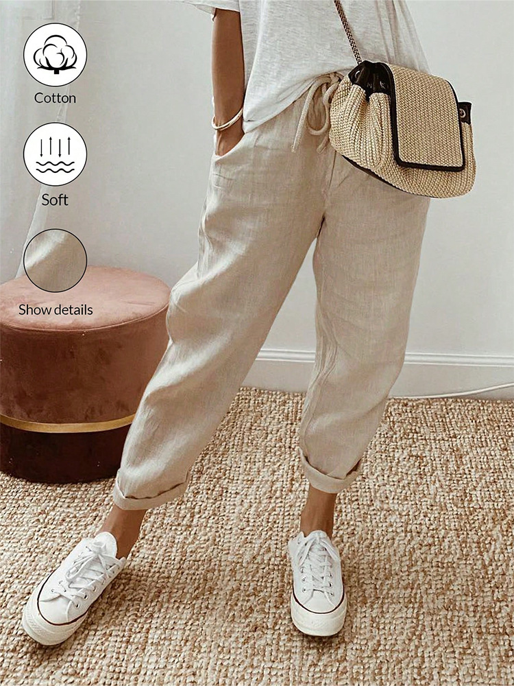 Women's Cotton Linen Cropped Pants with Pockets and Elastic Waist, Loose Casual