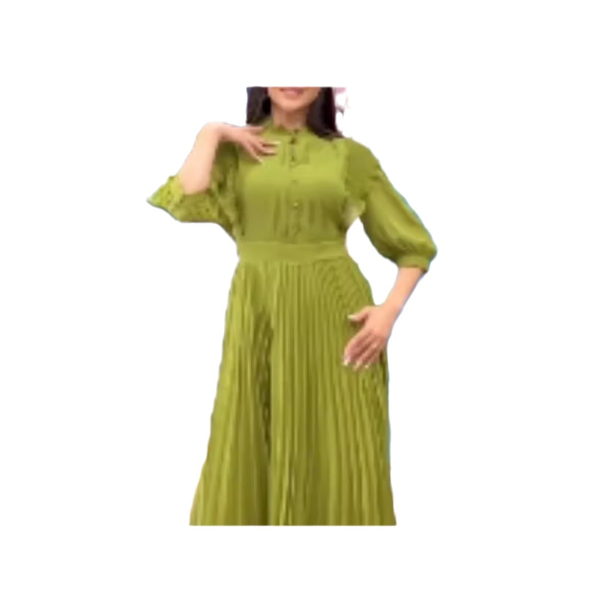 French-Style Chiffon Midi Dress with Half Sleeves and Round Neck