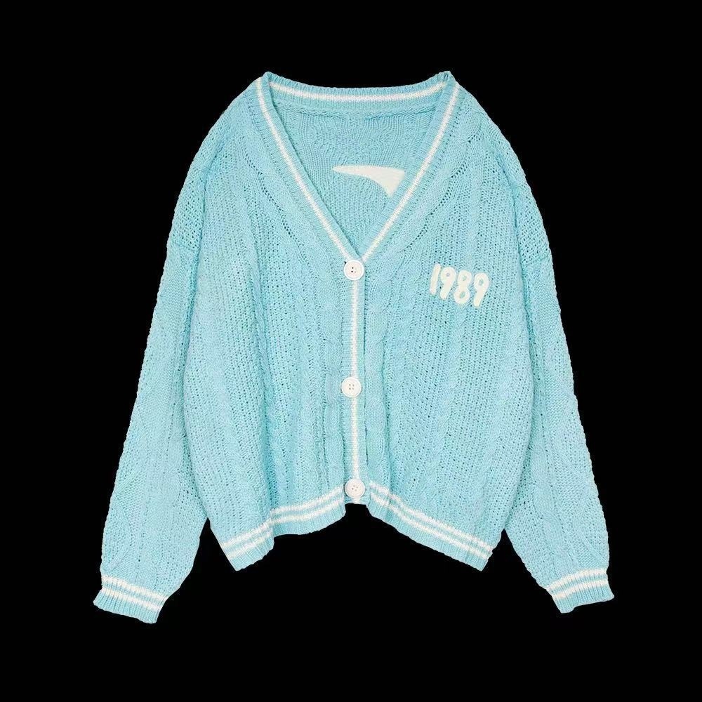 Embroidered V-Neck Knit Cardigan Loose Casual Sweater