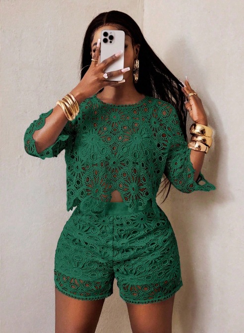 Women's Solid Color Hollow Lace Slim Fit Two-Piece Set