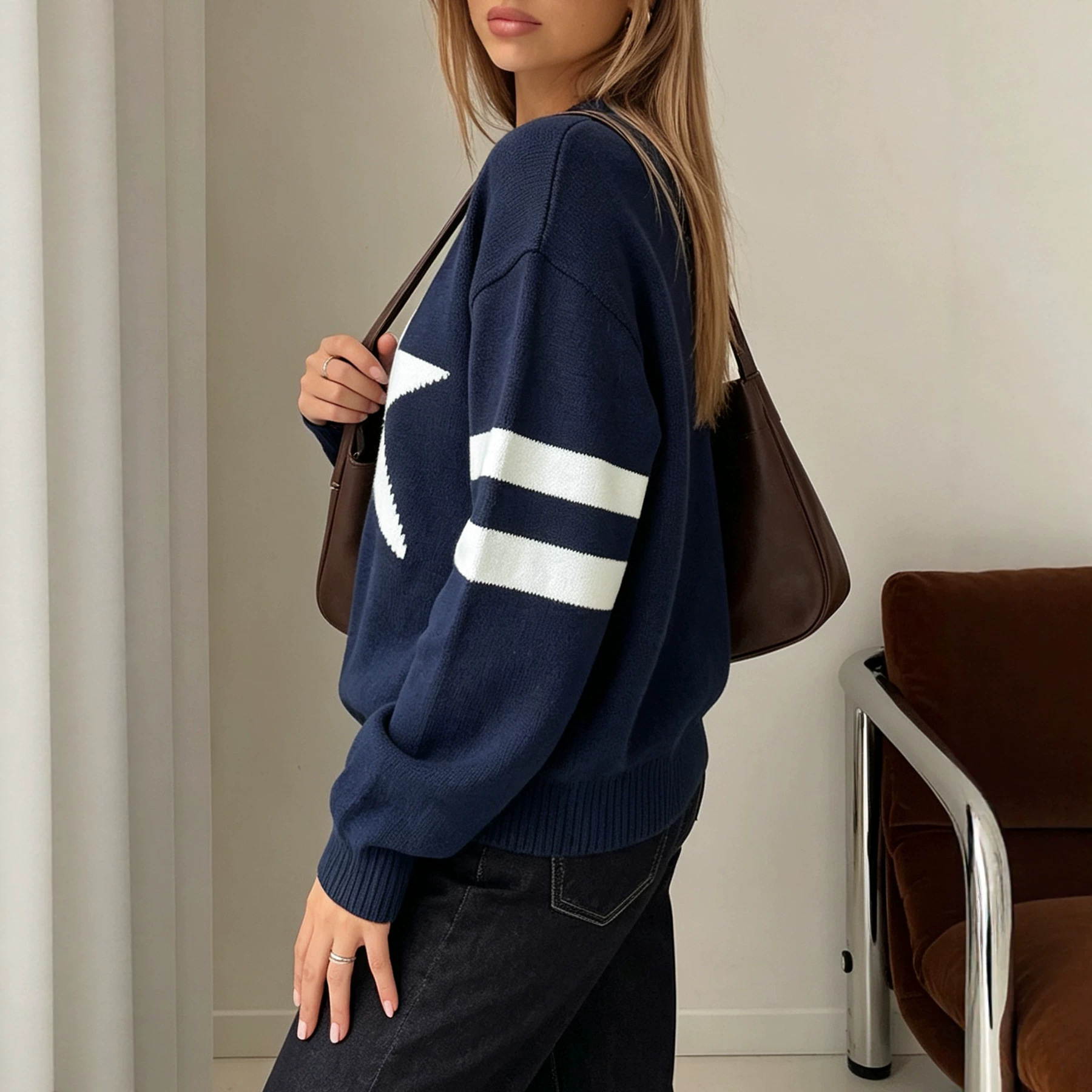 Women's Star Jacquard Colorblock Striped Crewneck Knit Sweater