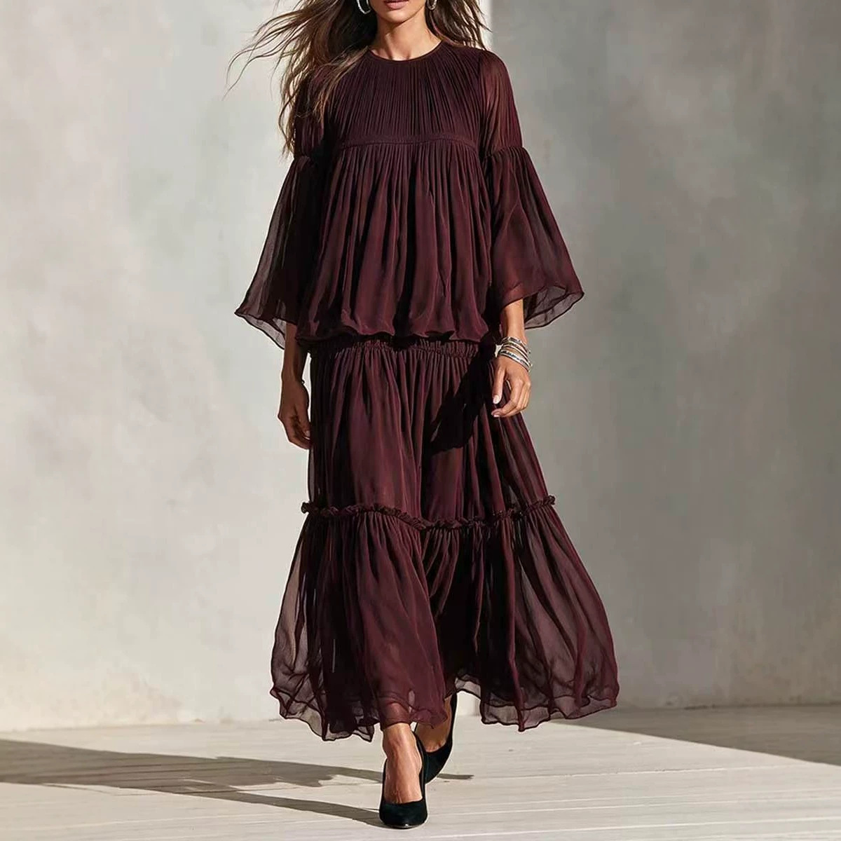 Women's Chiffon Pleated Bell Sleeve Maxi Dress Boho Vacation Long Dress