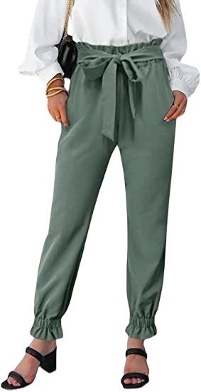High-Waist Tie Belt Slim Fit Solid Color Pants for Women