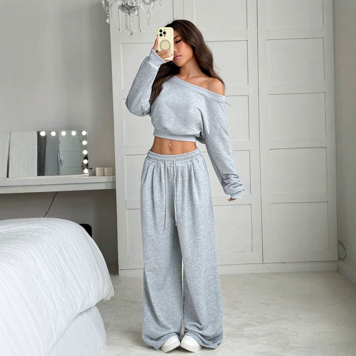 Women's Long Sleeve One-Shoulder High Waist Wide Leg Pants Hoodie Set