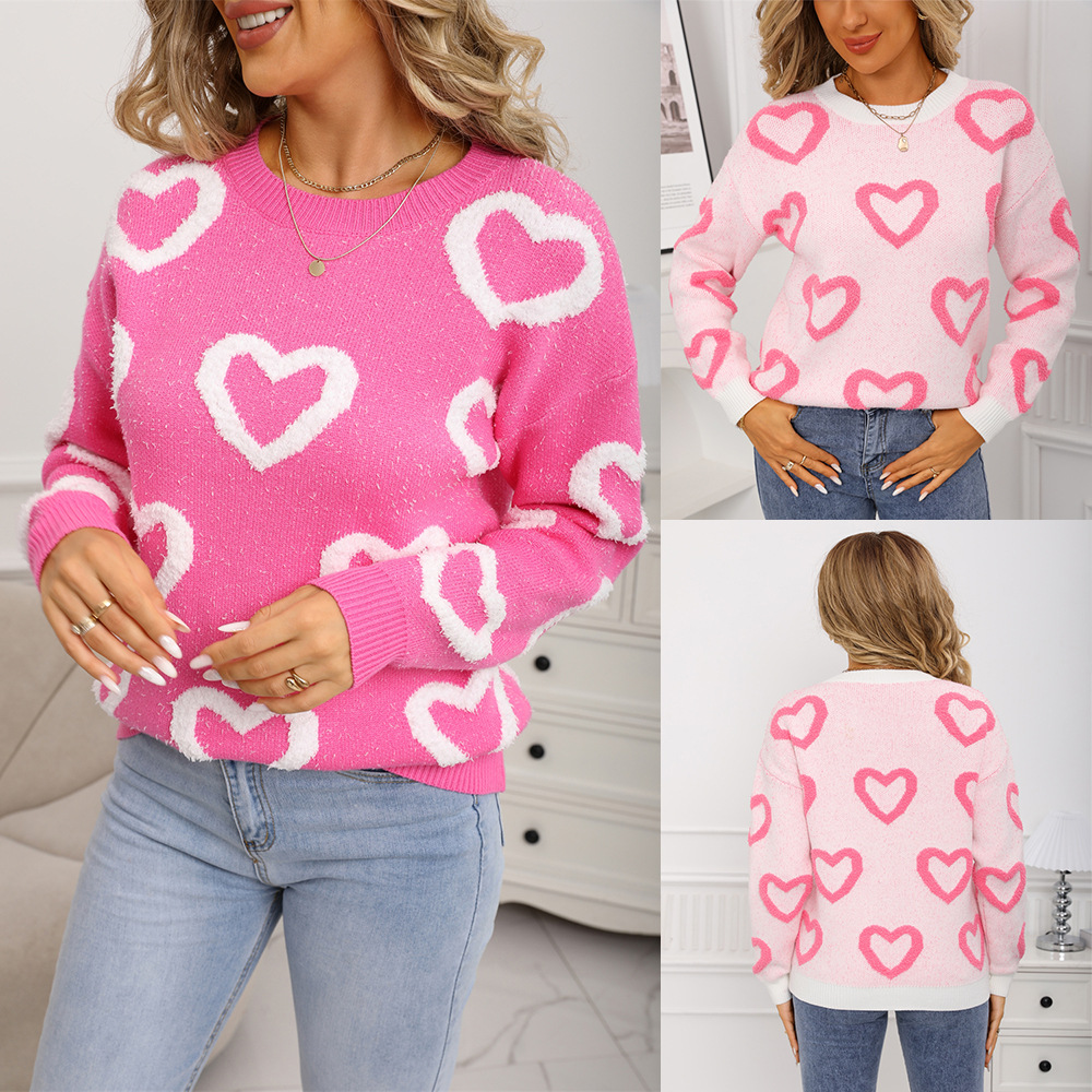 Women's Loose Crewneck Heart Colorblock Pullover Sweater