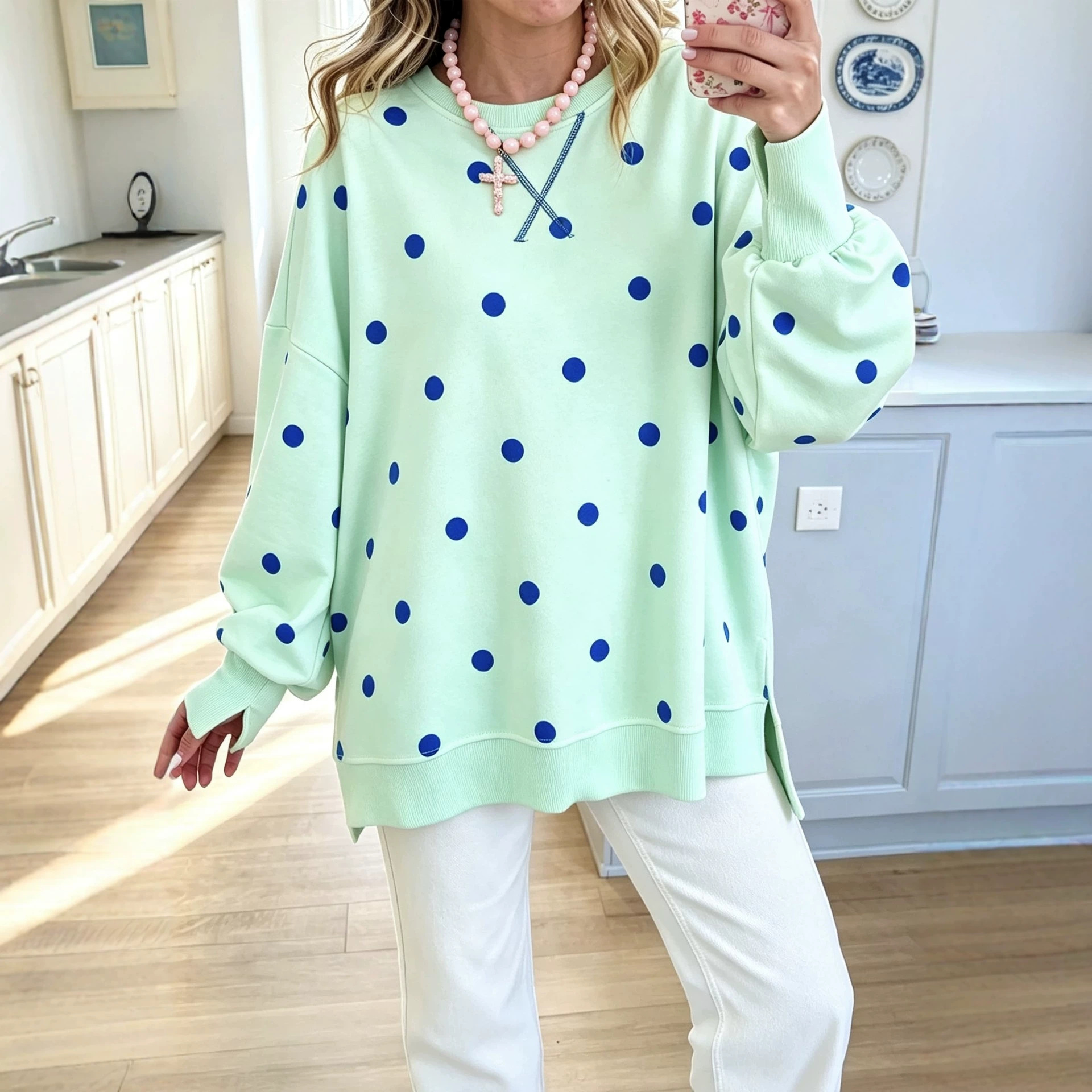 Polka Dot Print Long Sleeve Pullover Sweatshirt Loose Casual Shirt