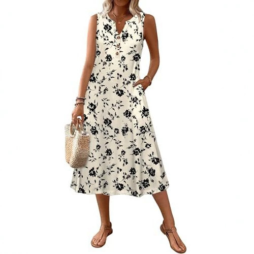 Women's Retro Striped Sleeveless Midi Dress Casual Fit